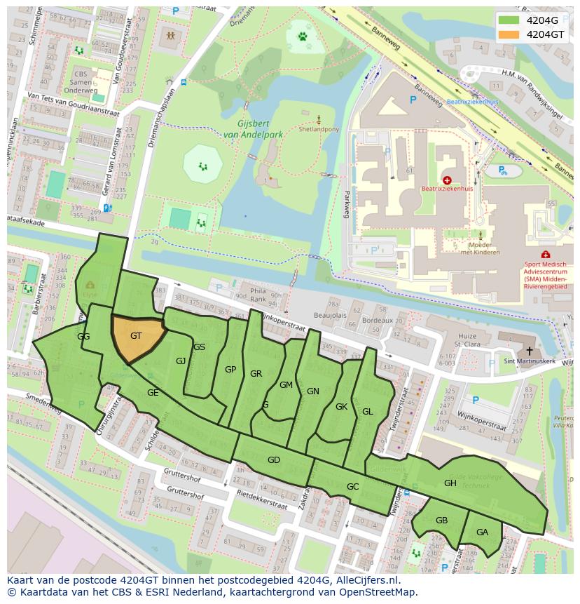 Afbeelding van het postcodegebied 4204 GT op de kaart.