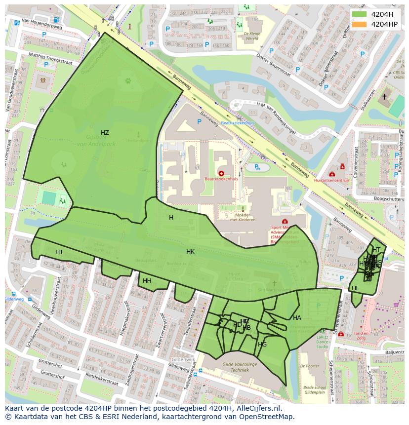 Afbeelding van het postcodegebied 4204 HP op de kaart.