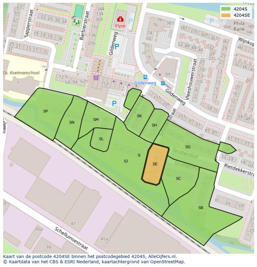 Afbeelding van het postcodegebied 4204 SE op de kaart.