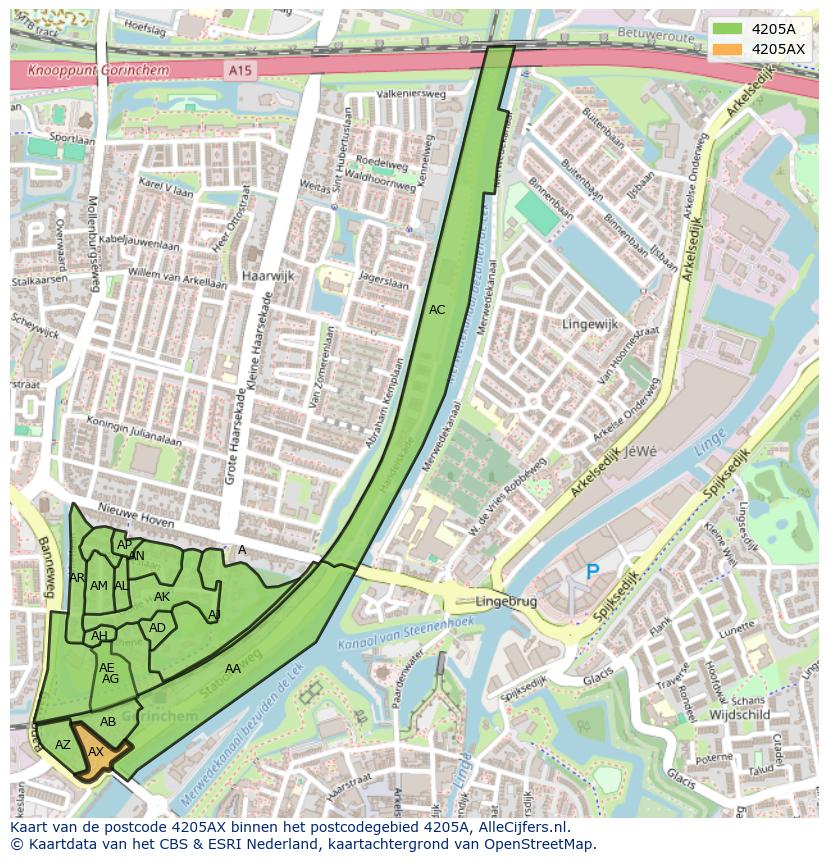Afbeelding van het postcodegebied 4205 AX op de kaart.