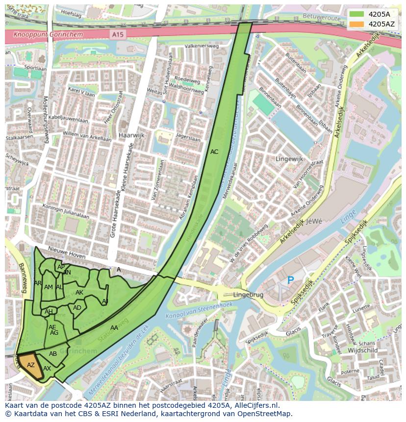 Afbeelding van het postcodegebied 4205 AZ op de kaart.