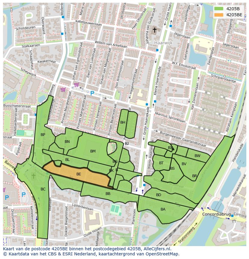 Afbeelding van het postcodegebied 4205 BE op de kaart.