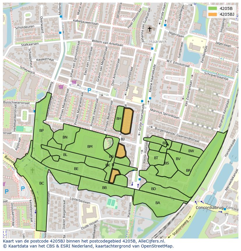 Afbeelding van het postcodegebied 4205 BJ op de kaart.