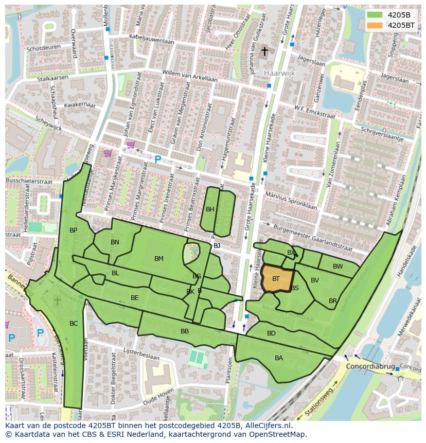Afbeelding van het postcodegebied 4205 BT op de kaart.