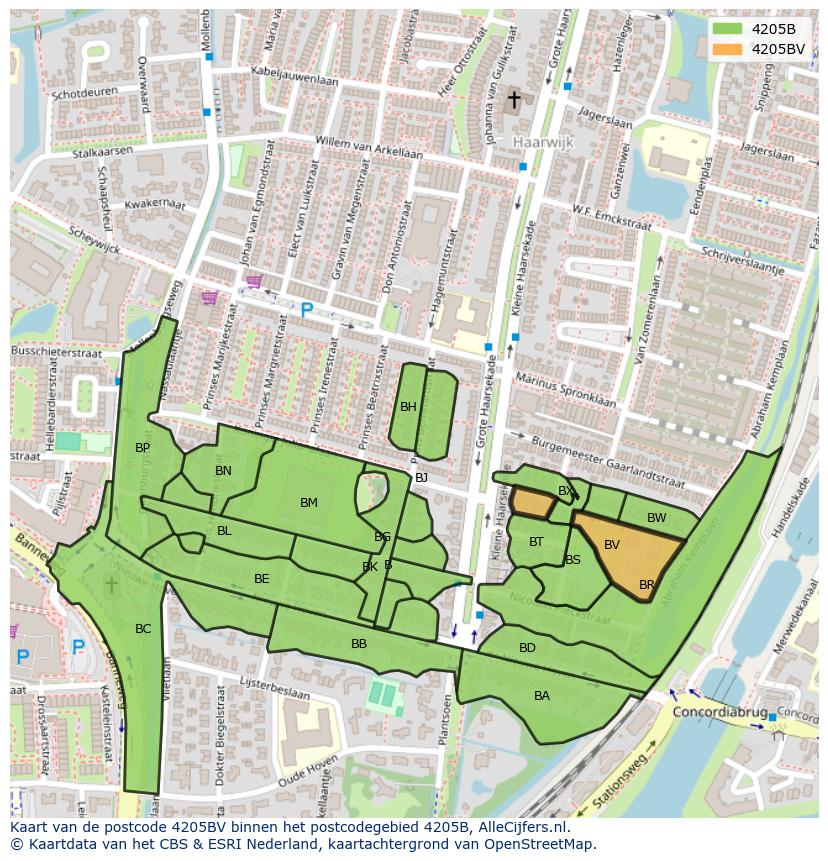Afbeelding van het postcodegebied 4205 BV op de kaart.