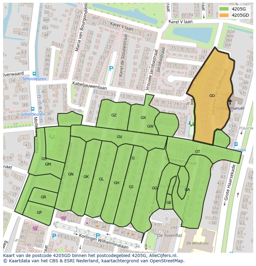 Afbeelding van het postcodegebied 4205 GD op de kaart.