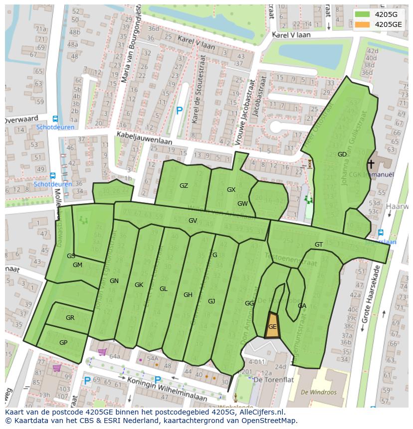 Afbeelding van het postcodegebied 4205 GE op de kaart.