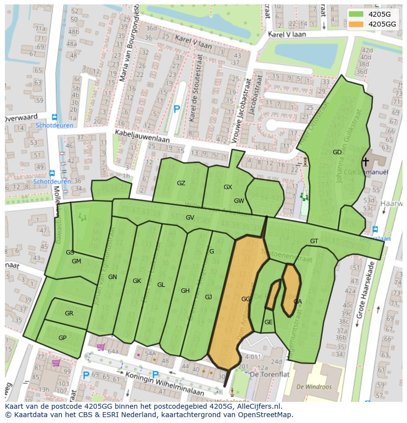 Afbeelding van het postcodegebied 4205 GG op de kaart.