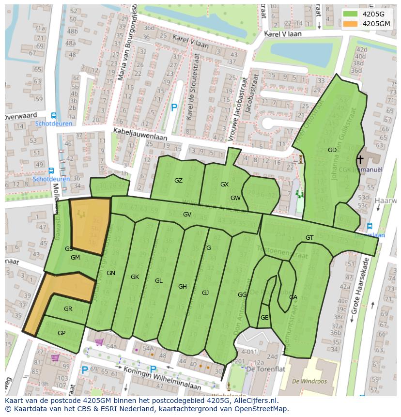 Afbeelding van het postcodegebied 4205 GM op de kaart.