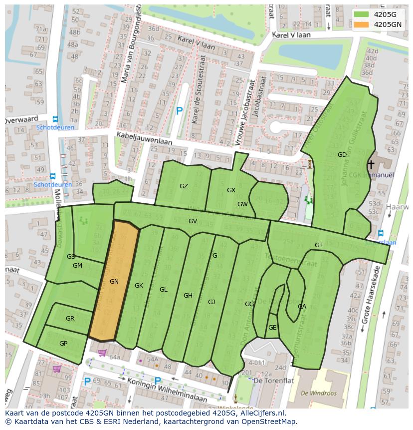 Afbeelding van het postcodegebied 4205 GN op de kaart.