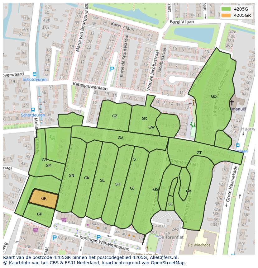 Afbeelding van het postcodegebied 4205 GR op de kaart.