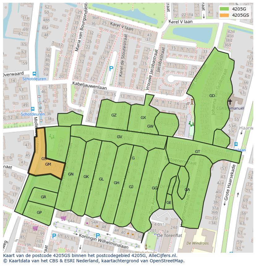 Afbeelding van het postcodegebied 4205 GS op de kaart.