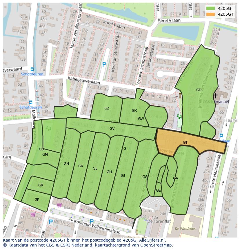 Afbeelding van het postcodegebied 4205 GT op de kaart.