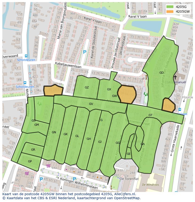 Afbeelding van het postcodegebied 4205 GW op de kaart.