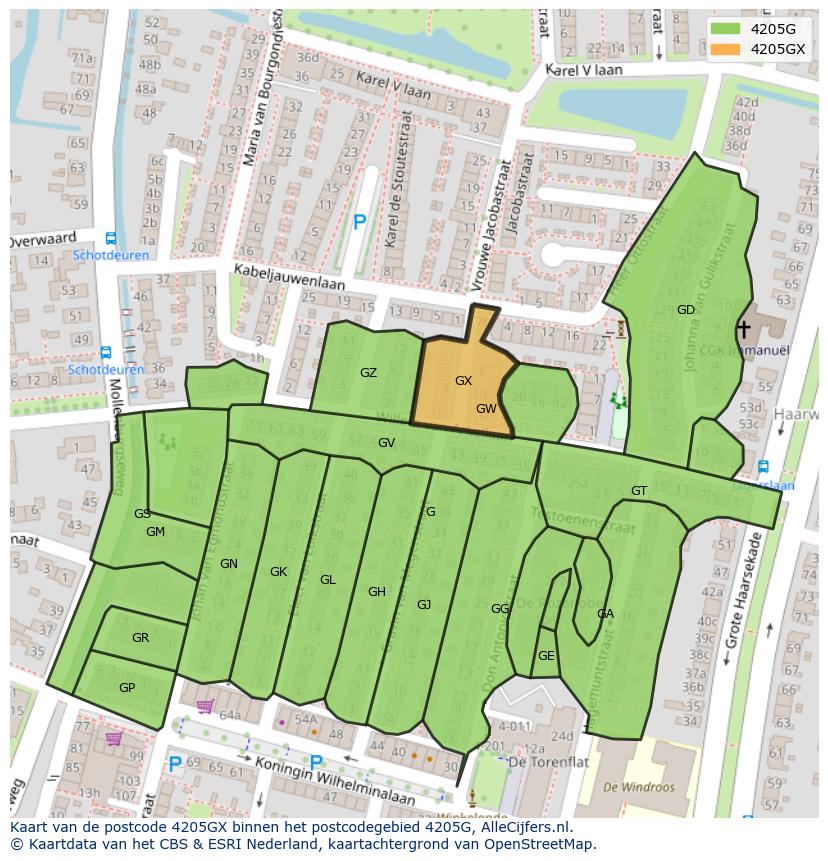 Afbeelding van het postcodegebied 4205 GX op de kaart.