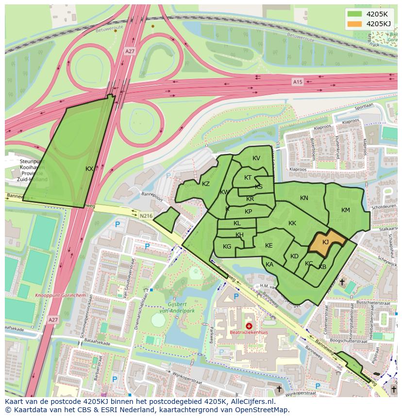 Afbeelding van het postcodegebied 4205 KJ op de kaart.