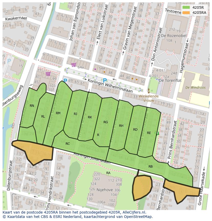 Afbeelding van het postcodegebied 4205 RA op de kaart.