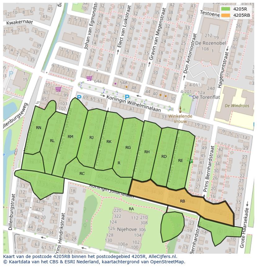 Afbeelding van het postcodegebied 4205 RB op de kaart.