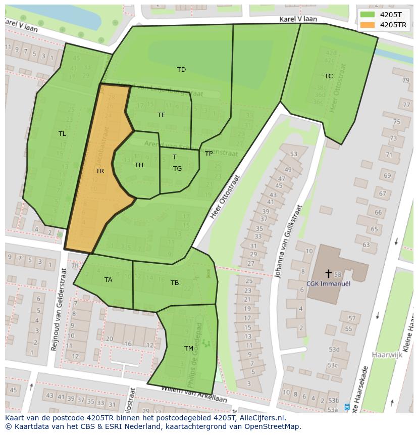 Afbeelding van het postcodegebied 4205 TR op de kaart.