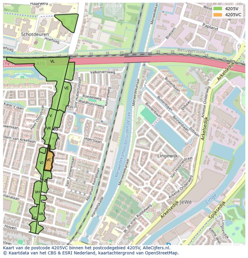 Afbeelding van het postcodegebied 4205 VC op de kaart.