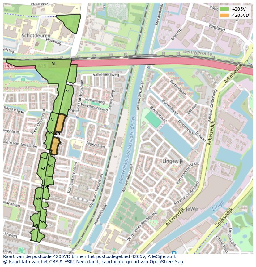 Afbeelding van het postcodegebied 4205 VD op de kaart.