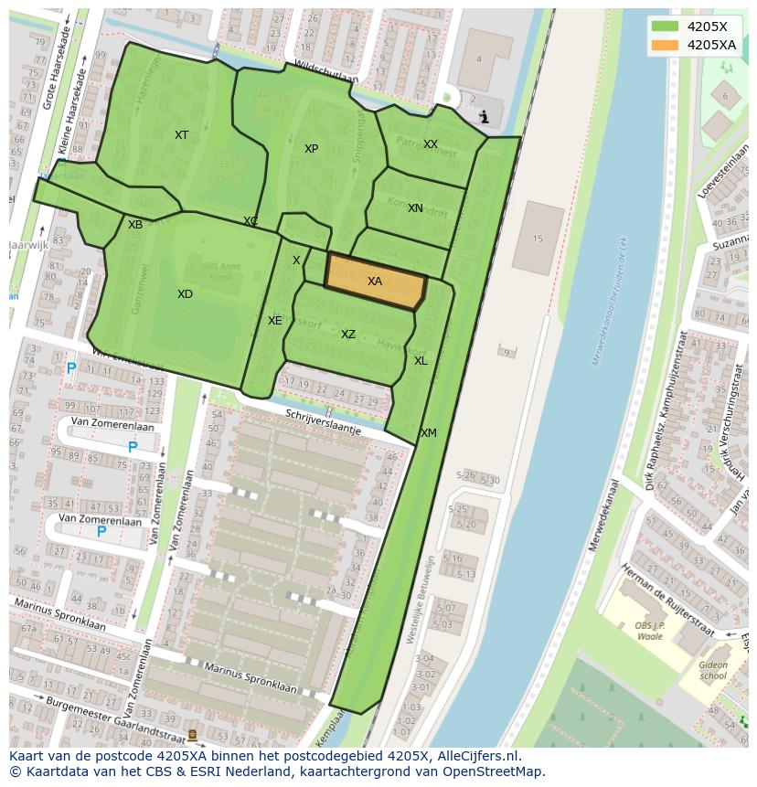 Afbeelding van het postcodegebied 4205 XA op de kaart.