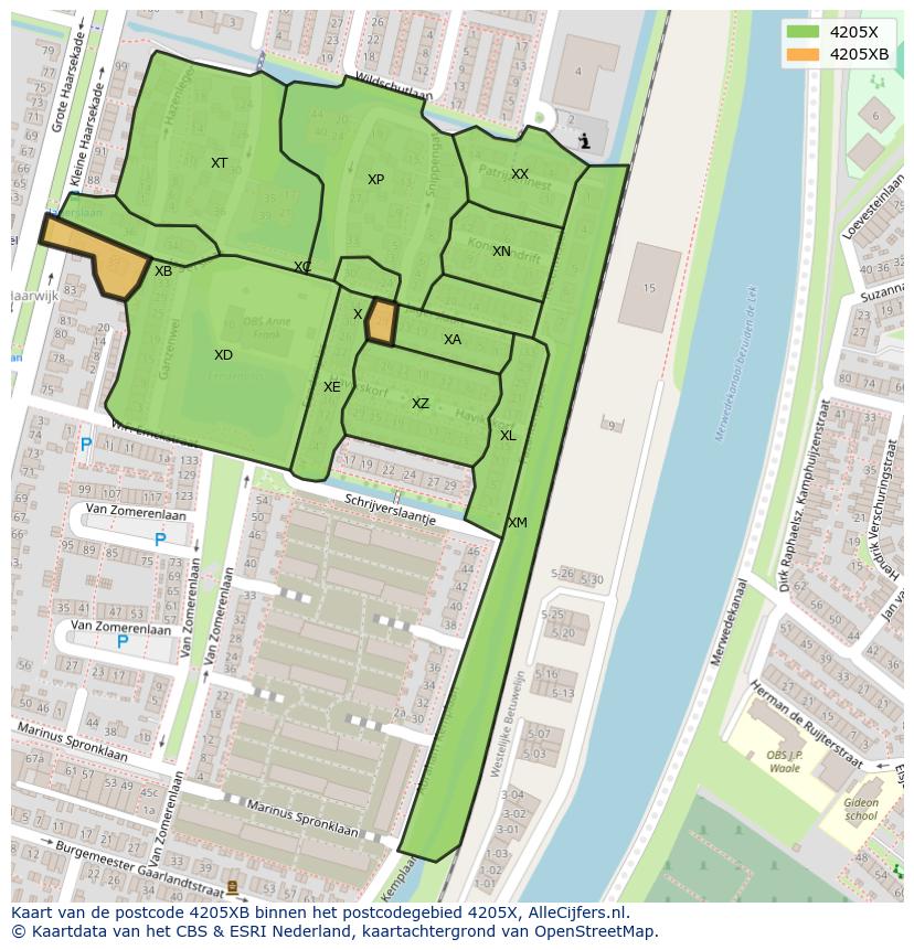 Afbeelding van het postcodegebied 4205 XB op de kaart.