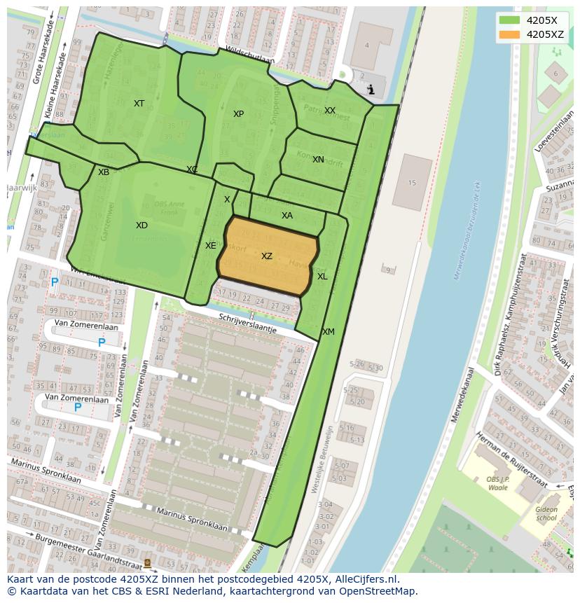 Afbeelding van het postcodegebied 4205 XZ op de kaart.