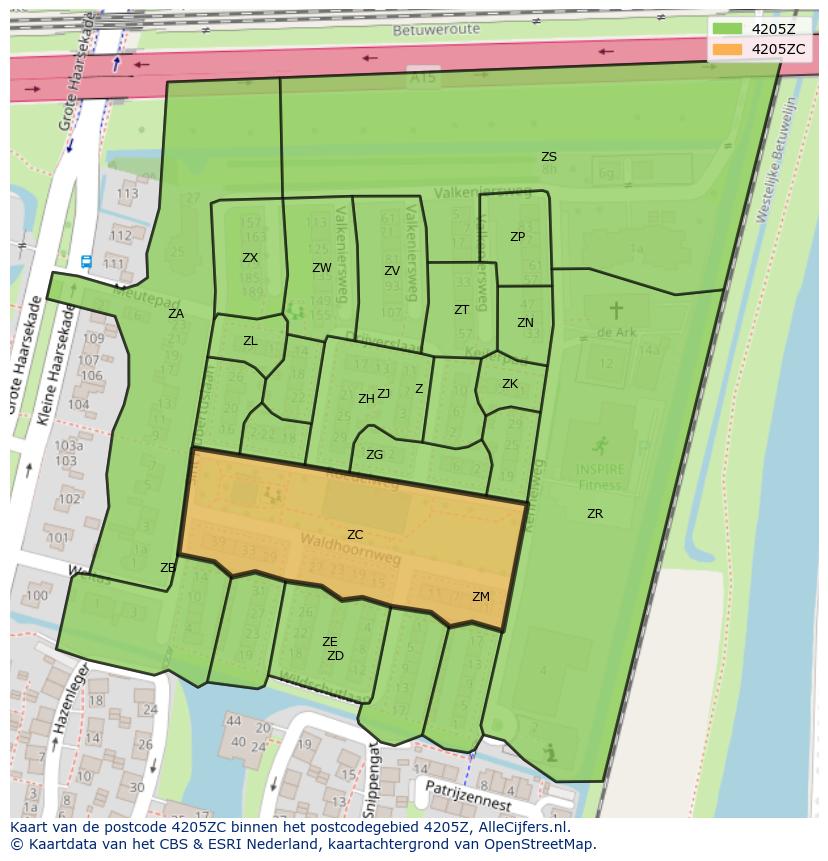 Afbeelding van het postcodegebied 4205 ZC op de kaart.