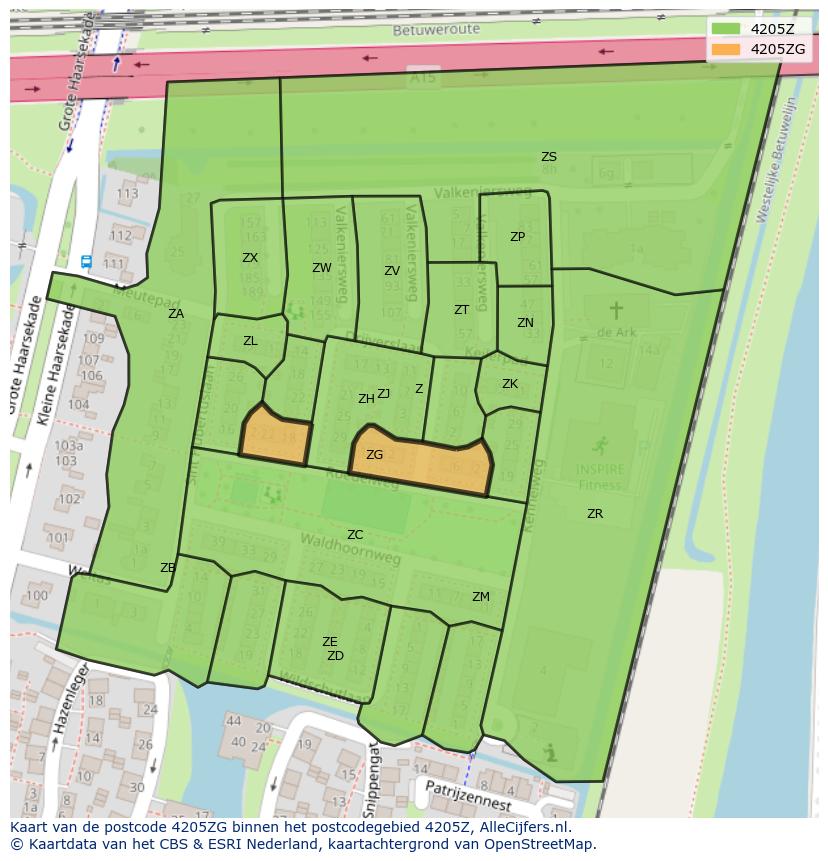 Afbeelding van het postcodegebied 4205 ZG op de kaart.