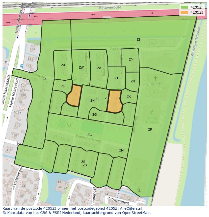 Afbeelding van het postcodegebied 4205 ZJ op de kaart.