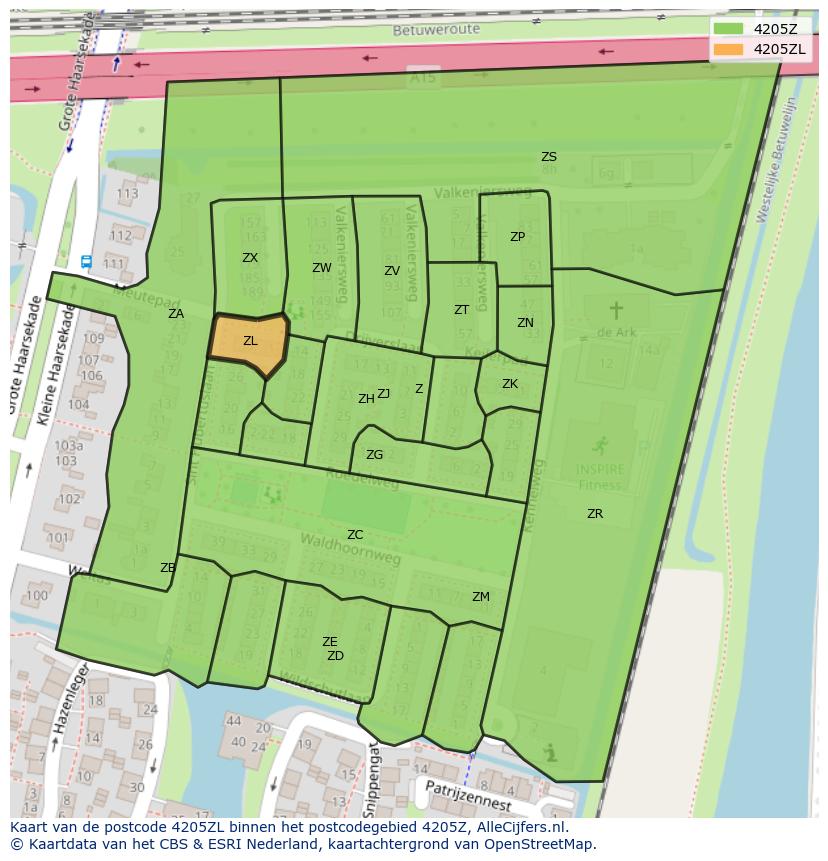 Afbeelding van het postcodegebied 4205 ZL op de kaart.