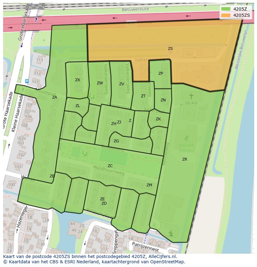 Afbeelding van het postcodegebied 4205 ZS op de kaart.