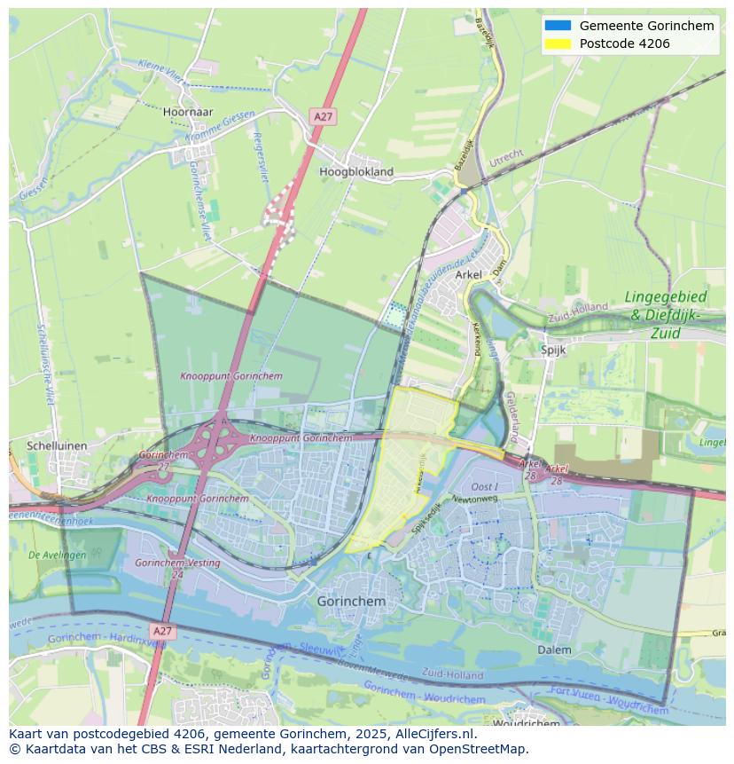 Afbeelding van het postcodegebied 4206 op de kaart.