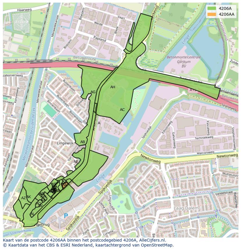 Afbeelding van het postcodegebied 4206 AA op de kaart.