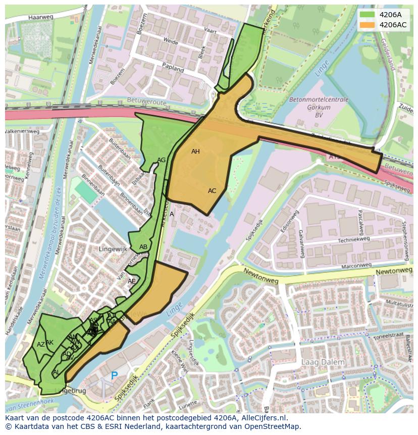 Afbeelding van het postcodegebied 4206 AC op de kaart.