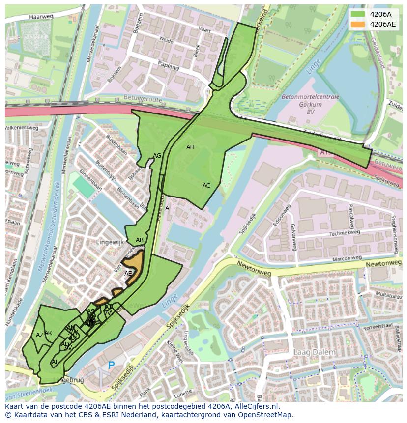 Afbeelding van het postcodegebied 4206 AE op de kaart.
