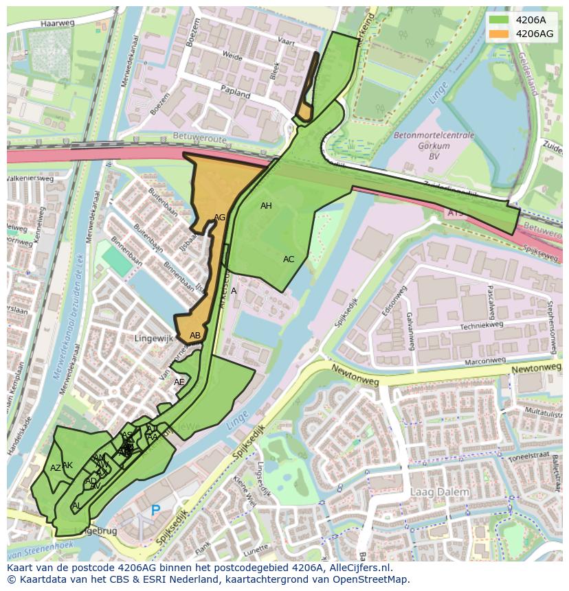 Afbeelding van het postcodegebied 4206 AG op de kaart.