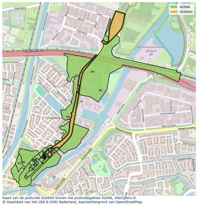 Afbeelding van het postcodegebied 4206 AH op de kaart.