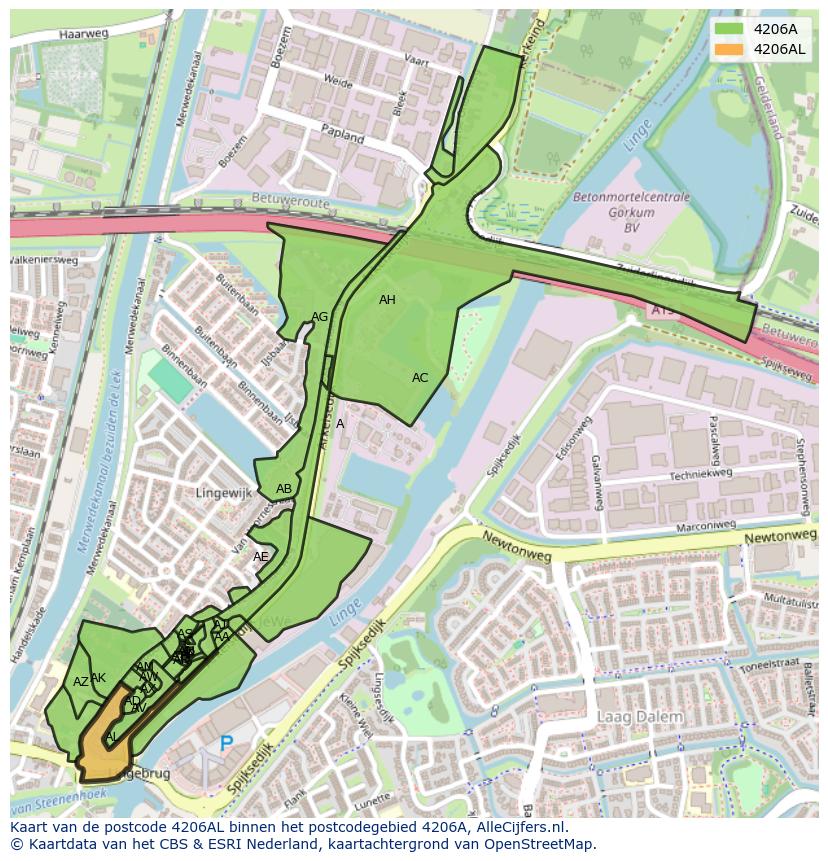 Afbeelding van het postcodegebied 4206 AL op de kaart.