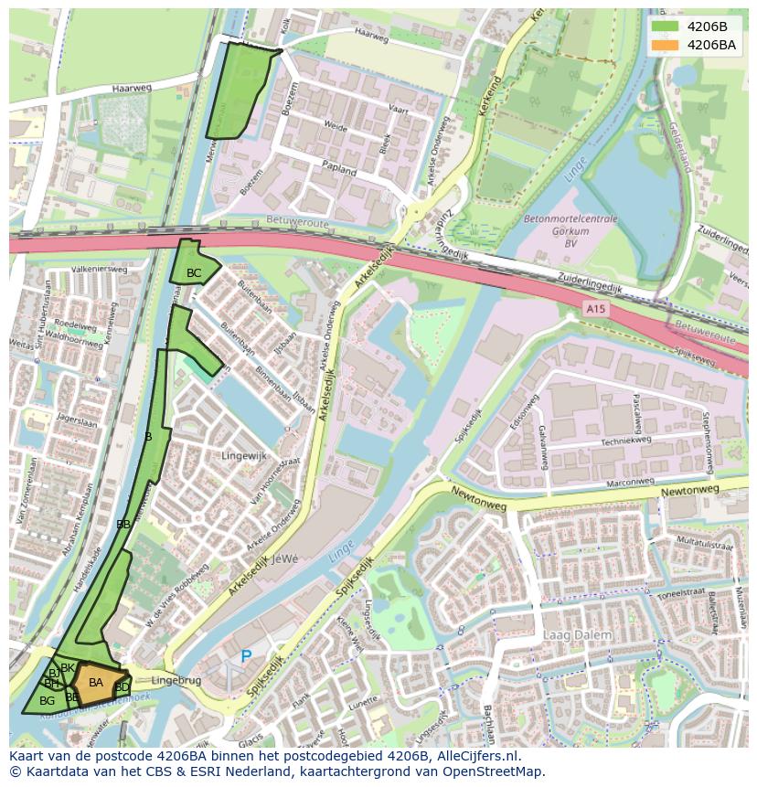 Afbeelding van het postcodegebied 4206 BA op de kaart.