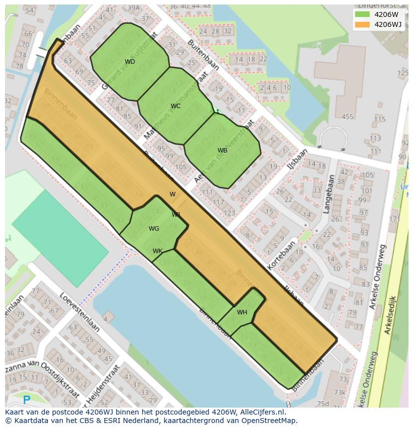 Afbeelding van het postcodegebied 4206 WJ op de kaart.
