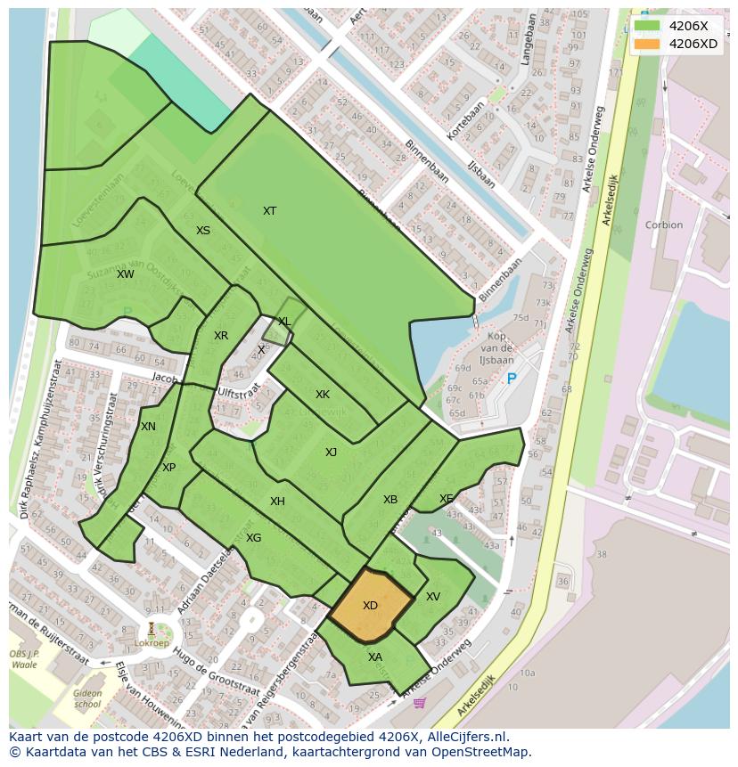 Afbeelding van het postcodegebied 4206 XD op de kaart.