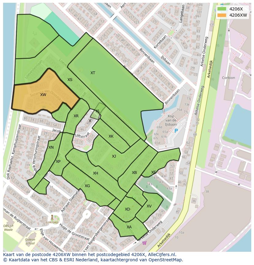 Afbeelding van het postcodegebied 4206 XW op de kaart.
