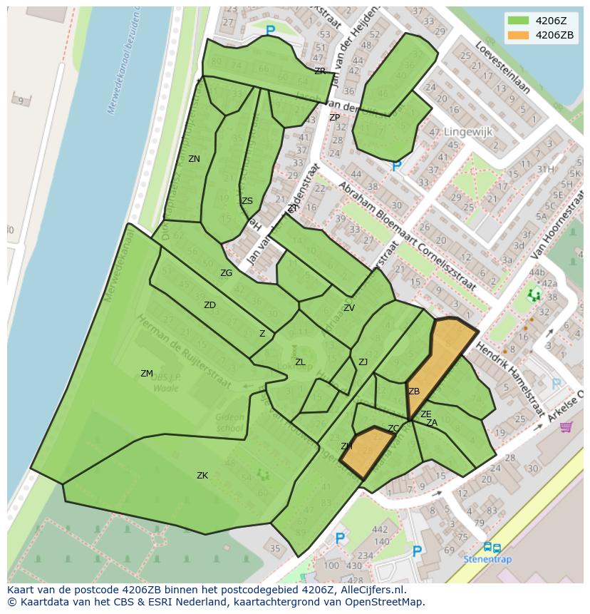 Afbeelding van het postcodegebied 4206 ZB op de kaart.