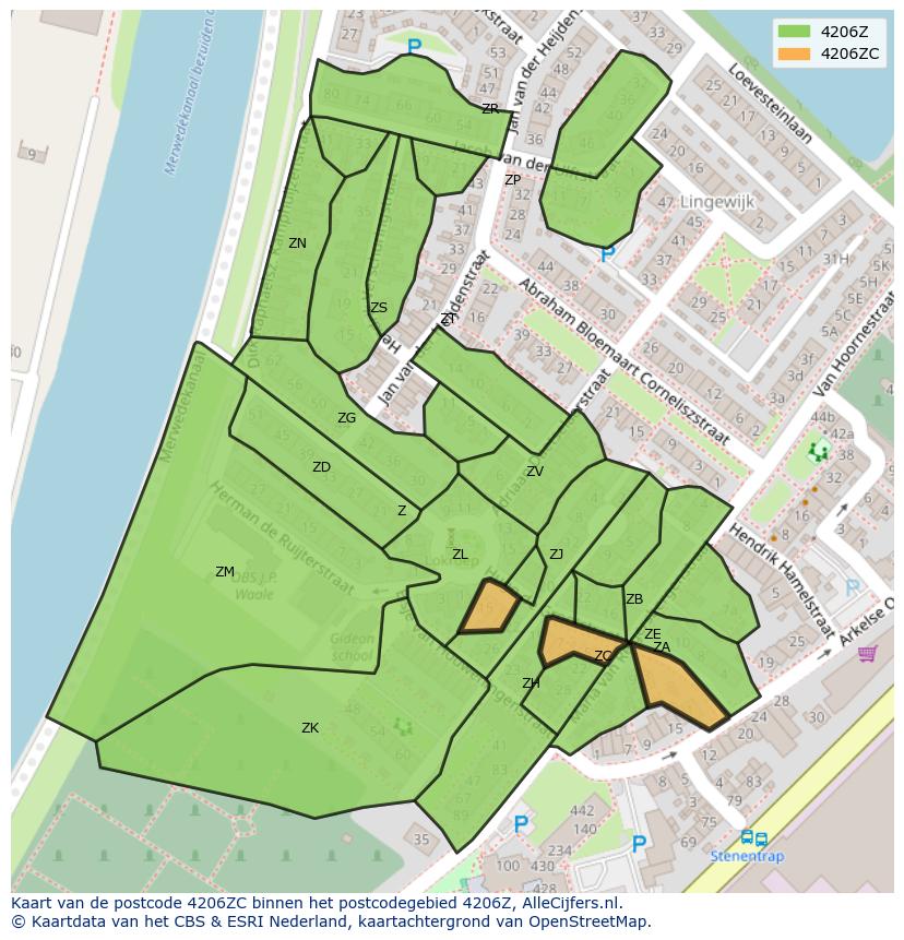 Afbeelding van het postcodegebied 4206 ZC op de kaart.