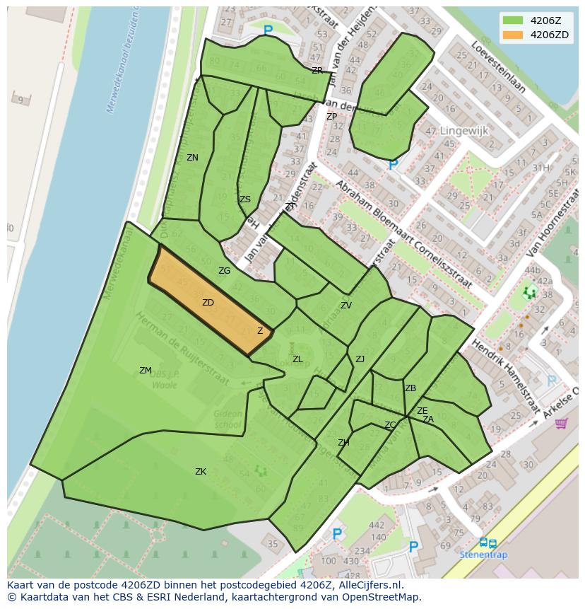 Afbeelding van het postcodegebied 4206 ZD op de kaart.