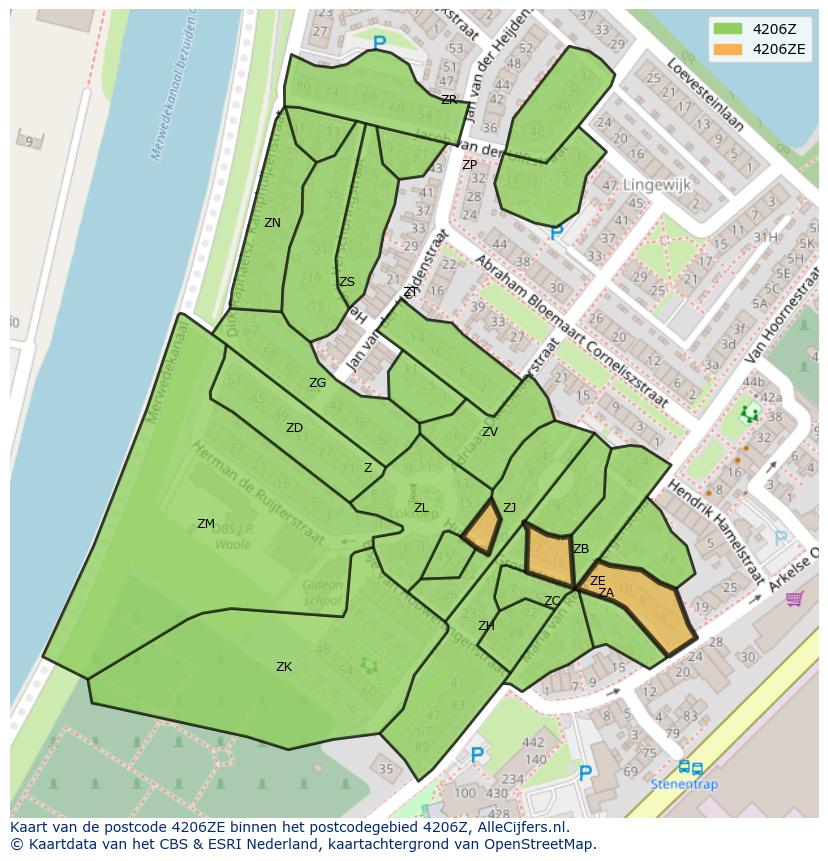 Afbeelding van het postcodegebied 4206 ZE op de kaart.
