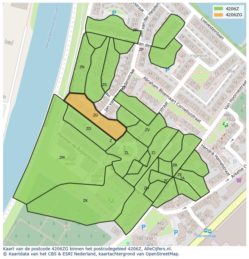 Afbeelding van het postcodegebied 4206 ZG op de kaart.