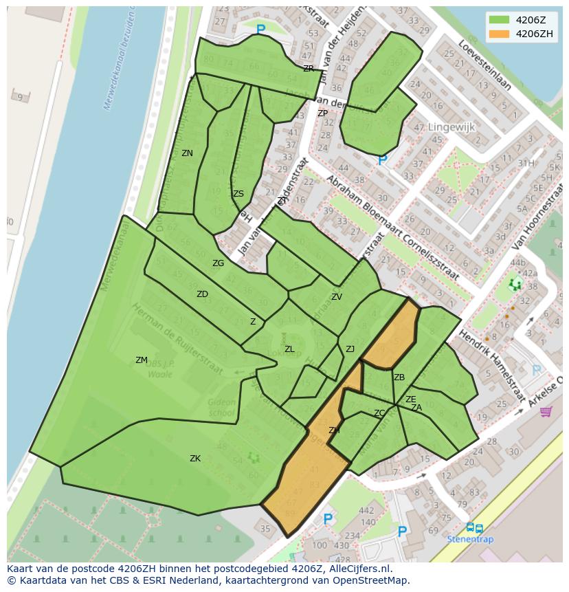 Afbeelding van het postcodegebied 4206 ZH op de kaart.